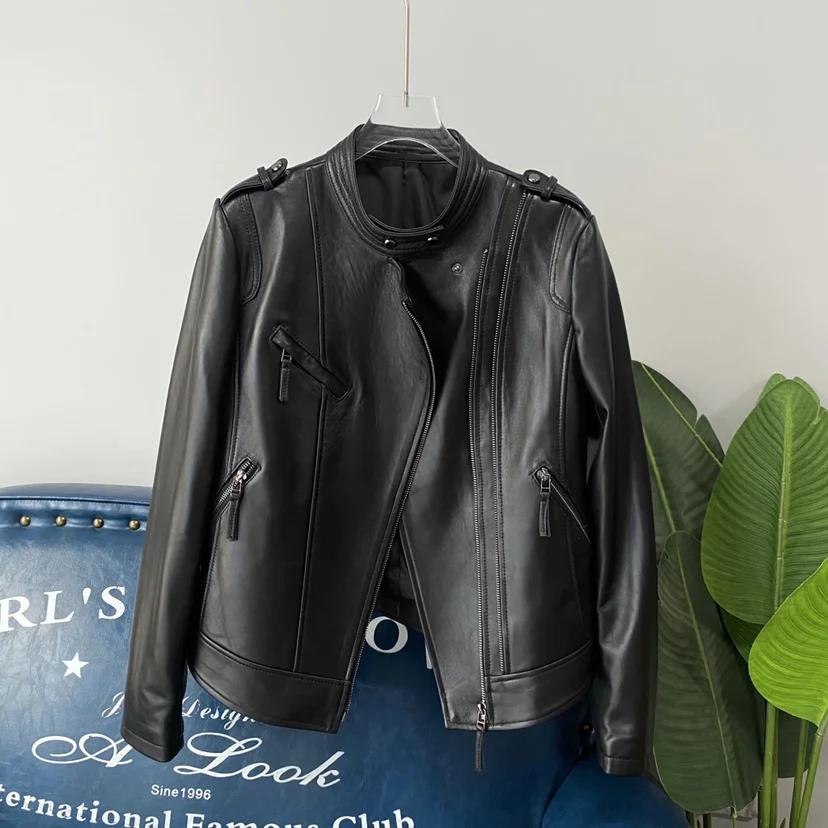   เสื้อแจ็คเก็ตหนังแท้ทรงสลิมฟิต คอตั้ง สไตล์ไบค์เกอร์ สำหรับผู้หญิง รุ่น Ning 2023 Autumn ort  ทำจากหนังวัวแท้