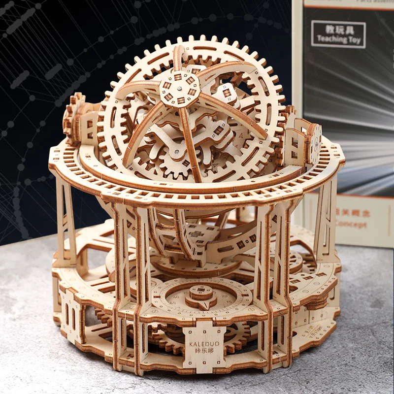 Costruzione di assemblaggio artigianale in legno puzzle di blocchi di trasmissione meccanica modello 3D giocattolo educativo creativo sferico