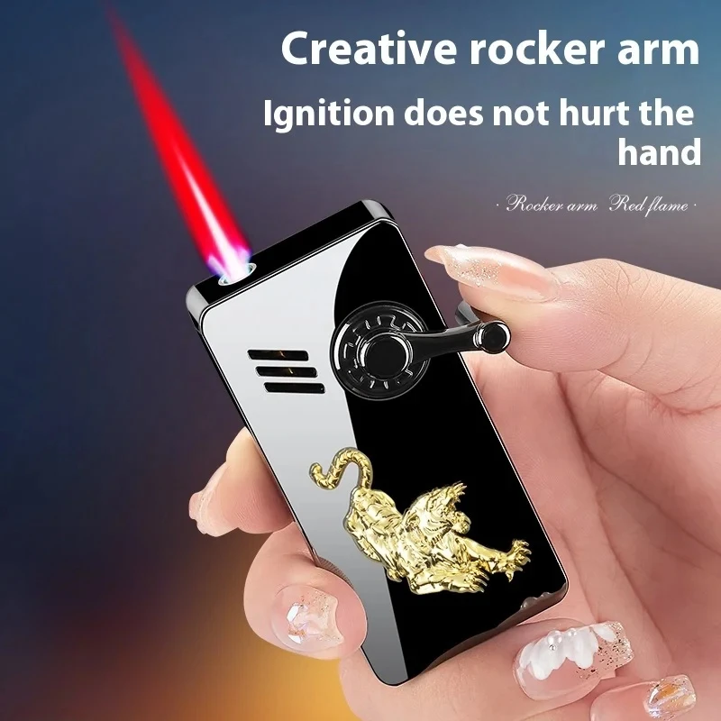 

Metal Arm Ignition Inflatable Lighter Windproof Jet Pink Flame Pattern Butane Torch Portable Cigarette Accessory Men's Gift