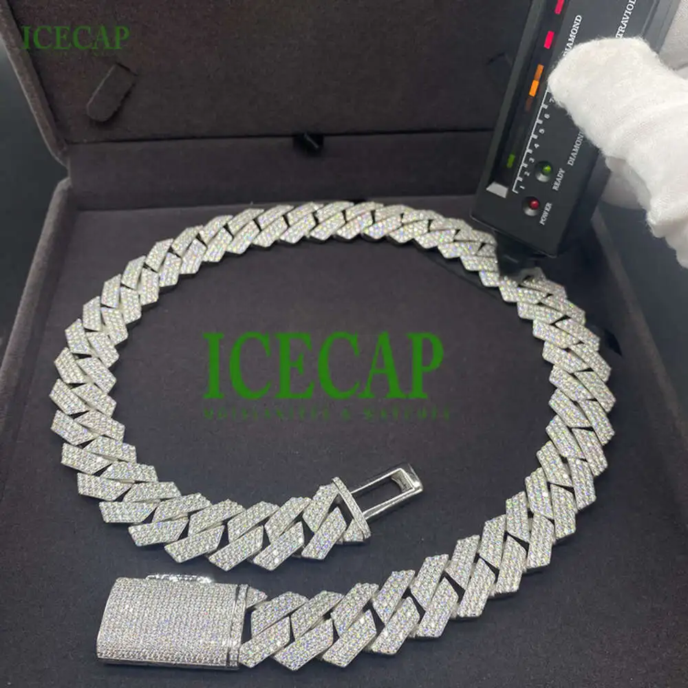 Icecap Fine Jewelry Necklaces 18mm 3row Hiphop Cuban Link Chain Pass the Diamond Test 925 Sterling Silver Chain for Men