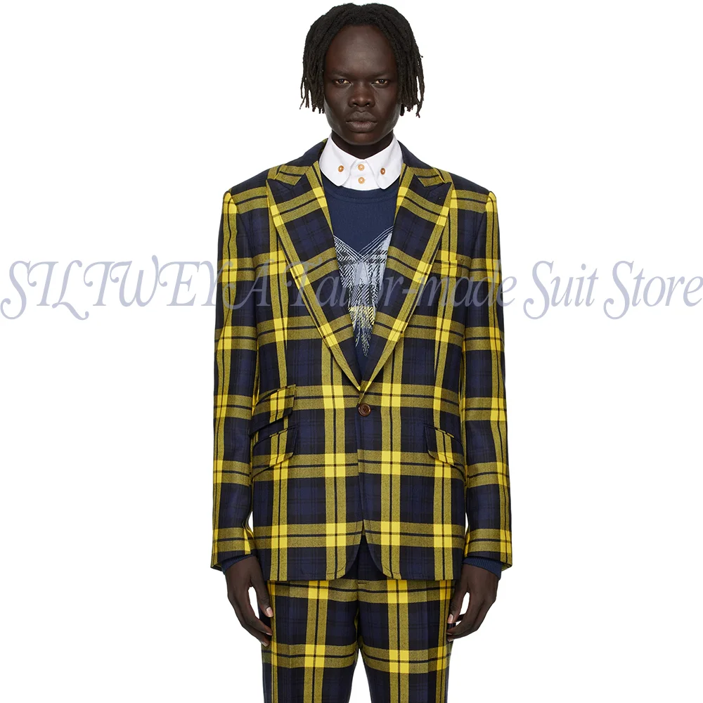 

Luxury Plaid Men's Suit Blazer Set Fashion Single Breasted 2 Pieces For Business Banquet Wedding Jacket+Pants Costumes Hommes