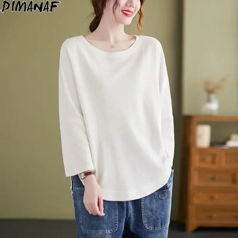 

DIMANAF 2024 T-Shirt Woman Autumn Bat Style Long Sleeve Tops Cotton Winter Korean Loose Clothes White Top O-Neck Solid Tees