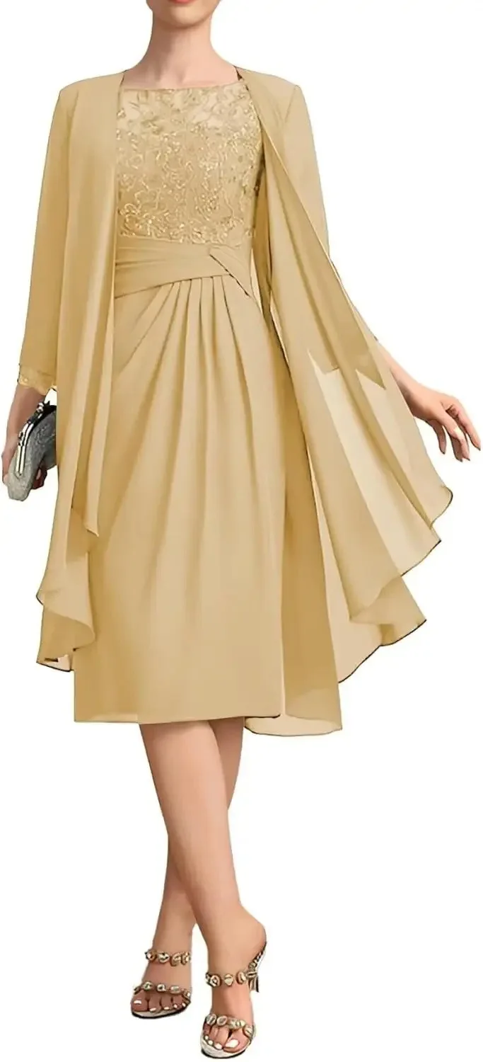 QMANSHA Maßgeschneidertes staubblaues Spitzen-Chiffon-Abendkleid in Knielänge für die Brautmutter mit geraffter Taille – Detail 13