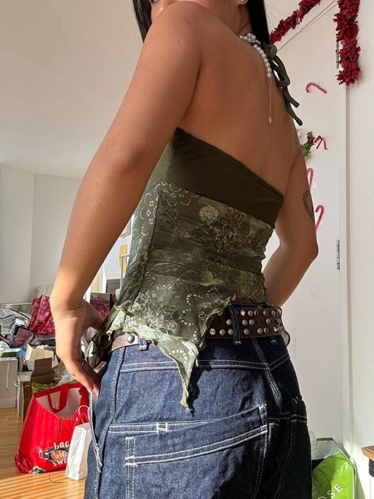 Haut court en maille imprimé pour femmes, vêtements paresseux, accessoires Y2k, camison monté sur le cou, Ropa De Mujer asymétrique