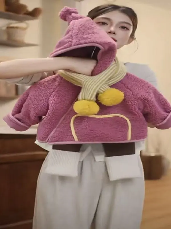 

Зимняя куртка Thiened Fce для девочек, теплая верхняя одежда с шариковой шапкой, универсальный топ для малышей, прямой крой, для поездок на работу