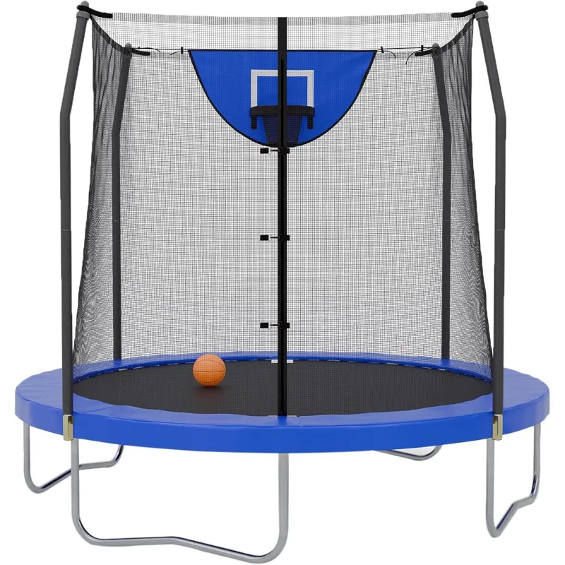 Skywalker Trampoline Outdoor 8, 12, 15 FT Jump N’ Dunk Round Outdoor Trampoline with Net, Trampoline Mat, and Basketball Hoop