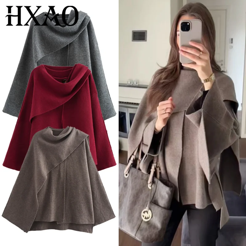 

HXAO модное пончо, вязаная верхняя одежда, женская куртка, осенние новые пальто и куртки, укороченное пальто с шарфом, элегантная красная темно-серая куртка цвета хаки