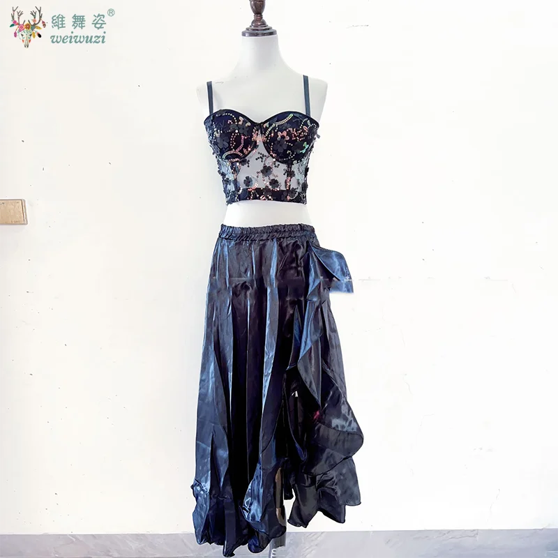 

Костюмы для танца живота, черные укороченные топы + длинная юбка с боковой тягой, костюмы для восточных танцев для взрослых, одежда для танцоров