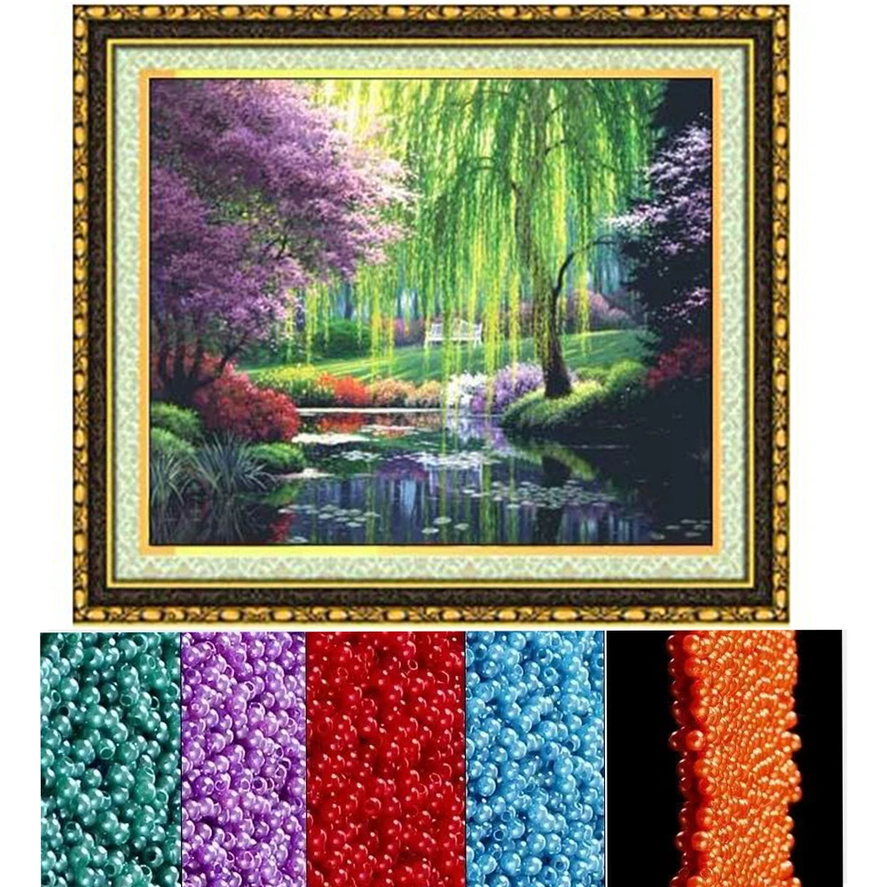 Cross stitch bead landscape kits beadwork circuits crafts pearl embroidery  beads printed cotton canvas Stitching