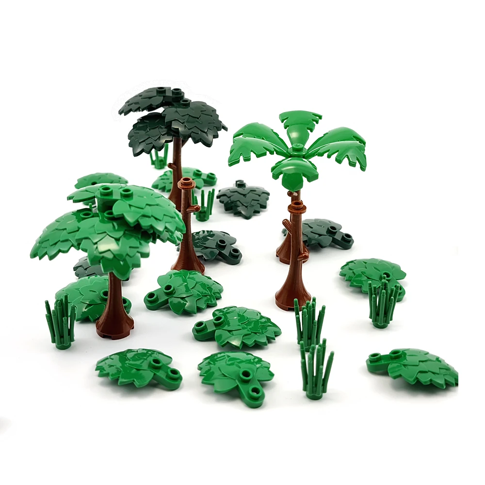 MOC 시티 가든 블록 나무 장난감 DIY 조립 소나무 코코넛 나무 거리 풍경 숲 식물 줄기 잎 잔디 액세서리