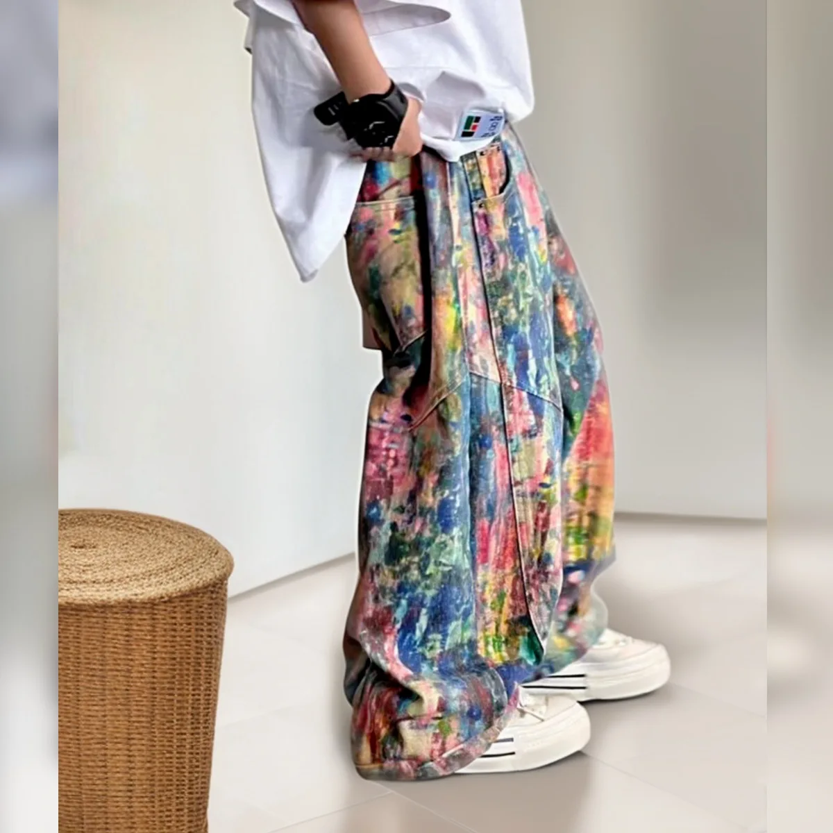 

Джинсы-багги для мальчиков в стиле стритстайл с принтом в стиле хип-хоп, из денима с эффектом масляной росписи, для подростков и детей