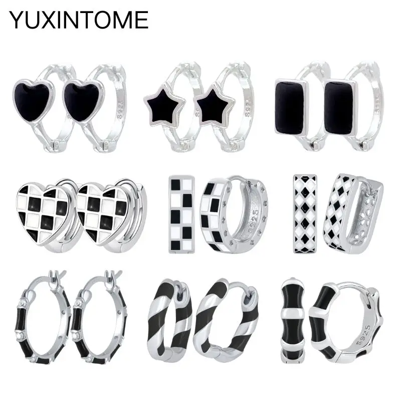 

925 Sterling Silver Needle Black Enamel Heart/Star Shape Hoop Earrings Ins Fashion Black White Grid Silver Earrings Fine Jewelry