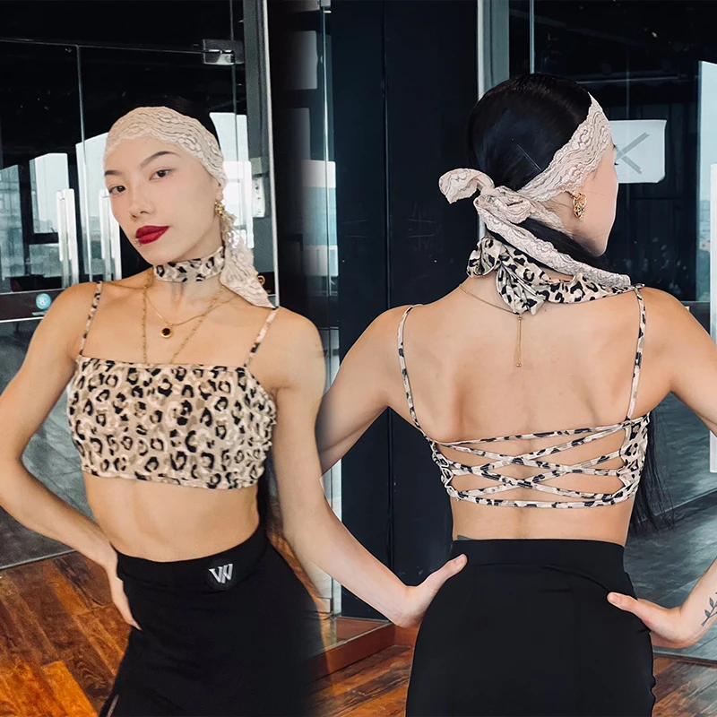 

Latin Dance Sling Vest For Womens Leopard Print Slimming Dancing Practice Tops Waltz Tango Ballroom Dancing Training Vest XH2047