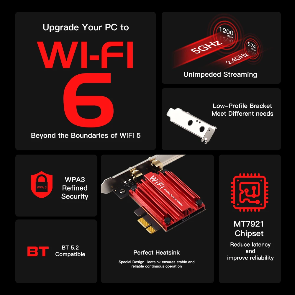 Wifi 6 pcie ax1800 cartão sem fio banda dupla 5ghz/2.4ghz bluetooth 5.2 antenas externas adaptador mt7921 para desktop pc win 10/11