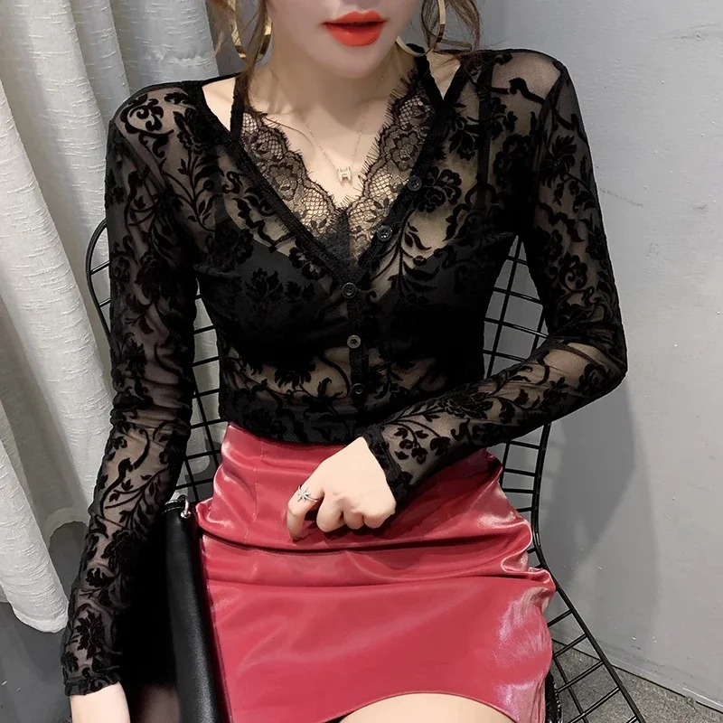 Oversized Hollow Out Lace Blouses Women 2024 Fashion Long Sleeve Sexy Ladies Tops Transparent Casual Black V Neck Blusas Mujer