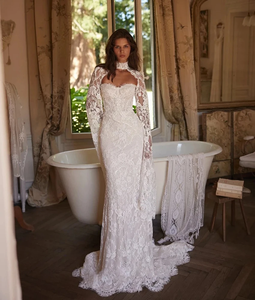 

MCDV Customized Temperament Lace Mermaid Detachable Sleeve Sequined Pearls Beading Evening Dress Sexy Women Wedding Gowns