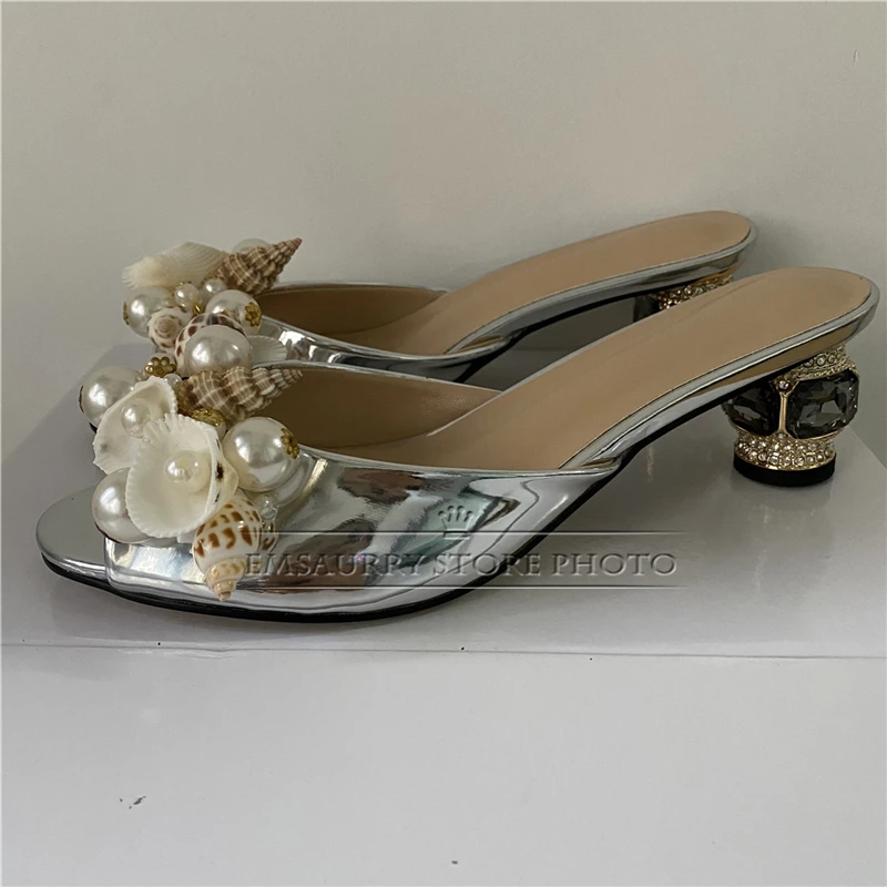 Pearl Beads Crystal Butterfly-Knot Women Sandals Diamond Heel Luxury Patent Leather Slingbacks Summer Shoes For Girls