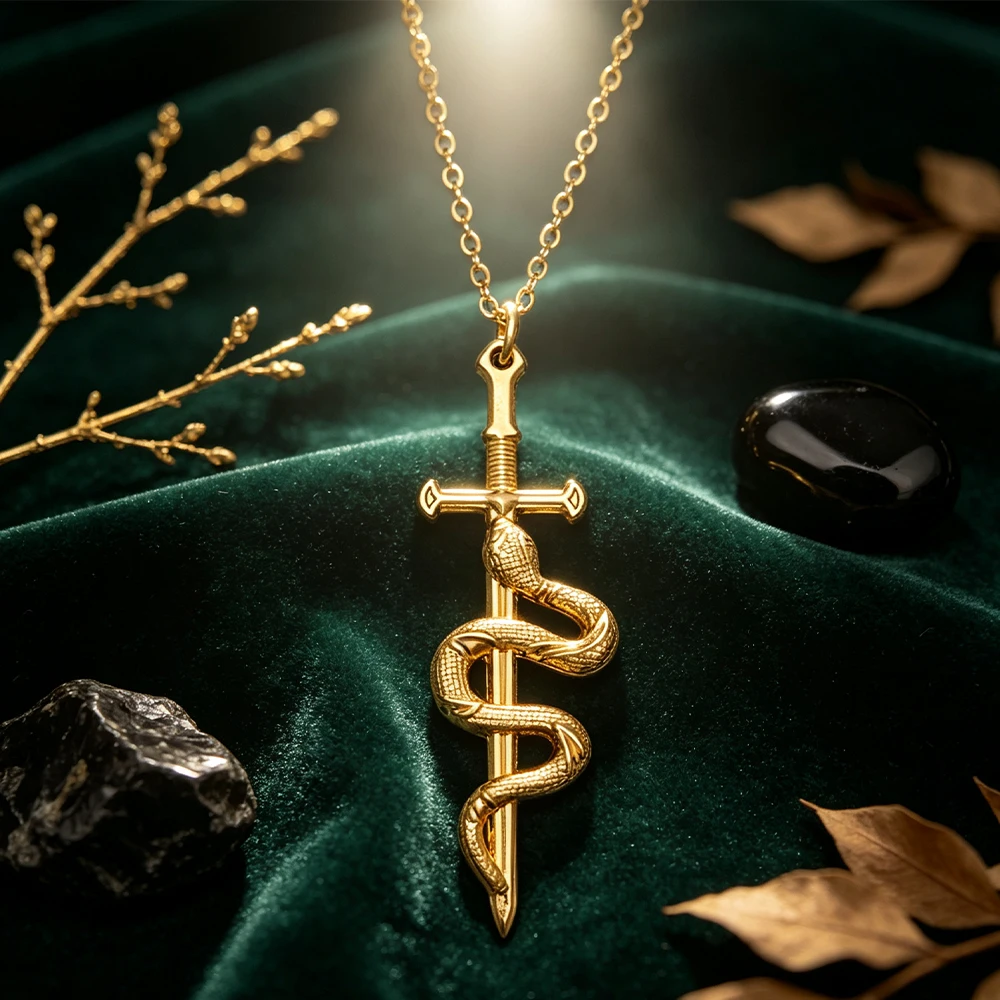 Vintage Snake-Wrapped Cross Sword Long Clavicle Chain Dark Style Snake Sword Pendant Necklace Party Photo-Ready Atmosphere Neck Accessory