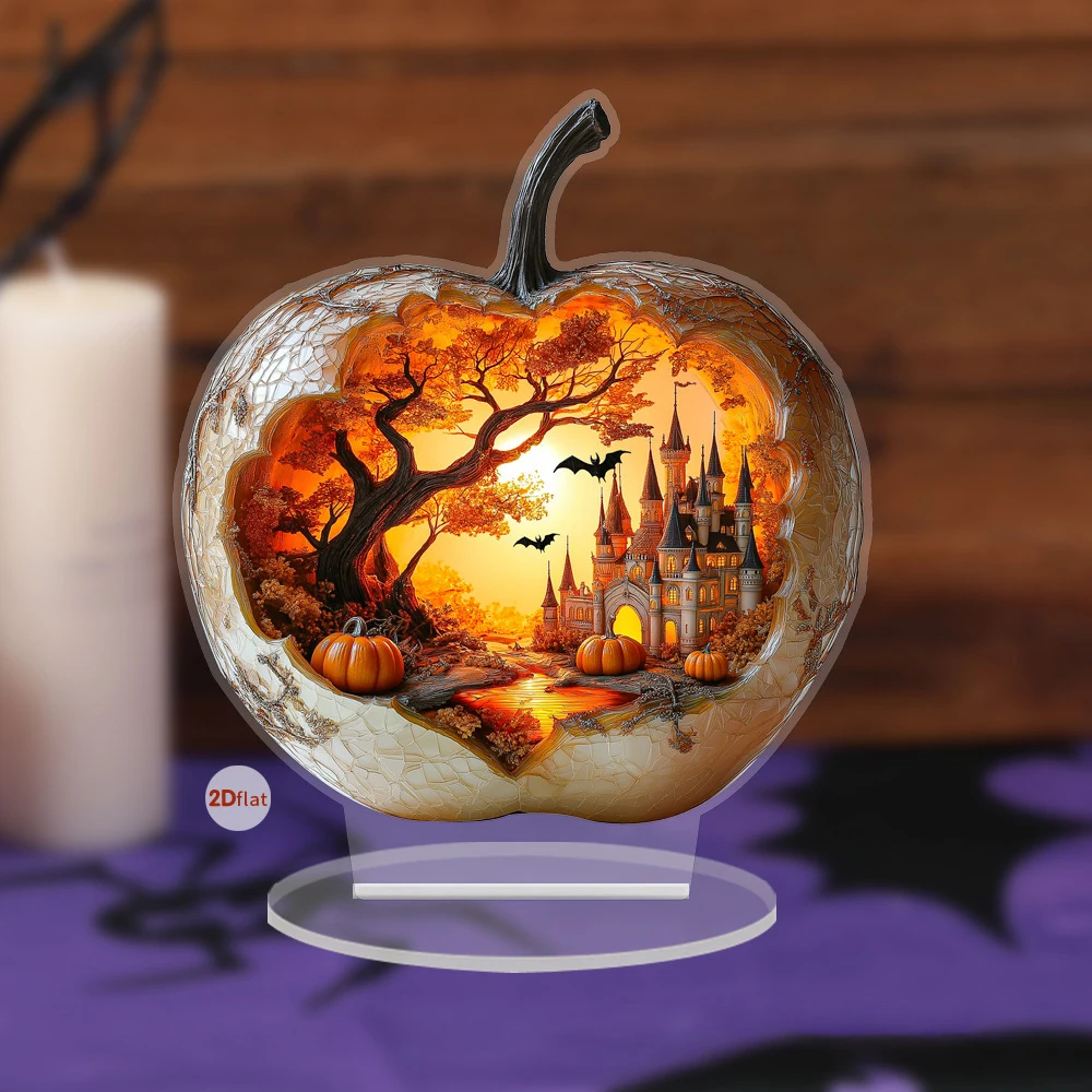 2D Acrylic Apple Shape Halloween Ornaments Landscape Pattern for Halloween Giving Christmas Crafts Gifts Desktop Home Decor
