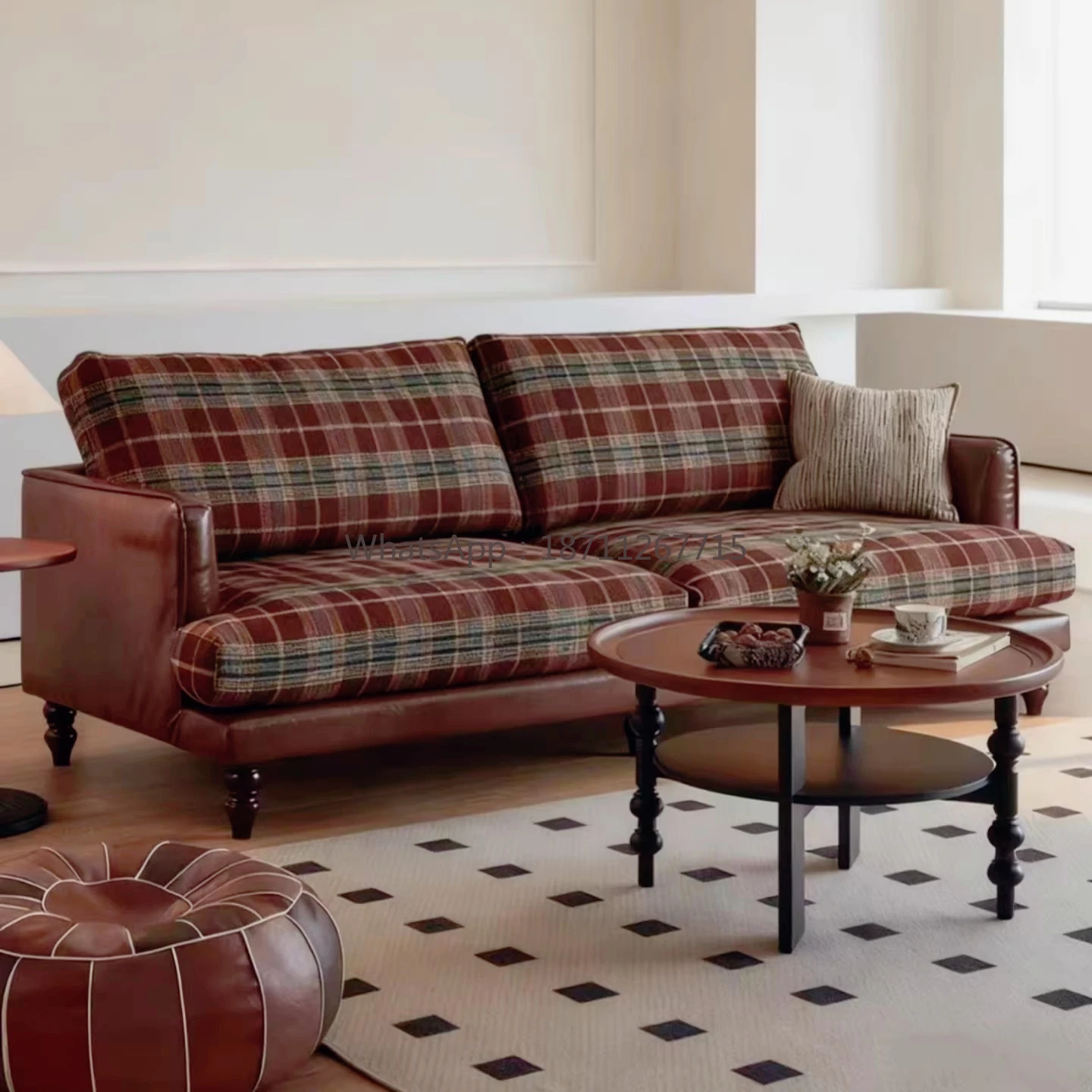 

American retro plaid fabric sofa, mid-century style, three-seater, removable and washable