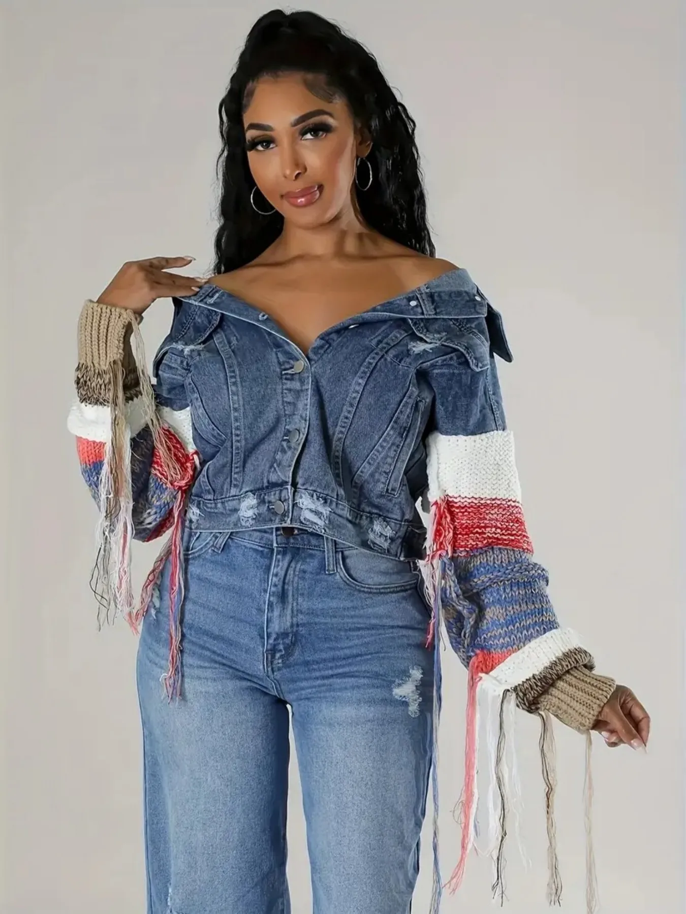 سترة نسائية كاجوال ممزقة من قماش الدنيم مع هامش، سترة خفيفة وعصرية من قماش الدنيم المرقعة