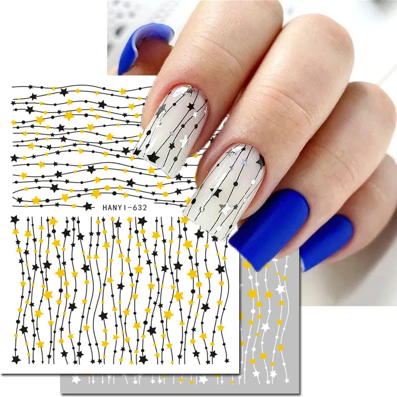 3d Nail Art Stickers Black White Waves Lines Gold Stars Dots Adhesive Sliders Nails Decals Decorations For Manicures