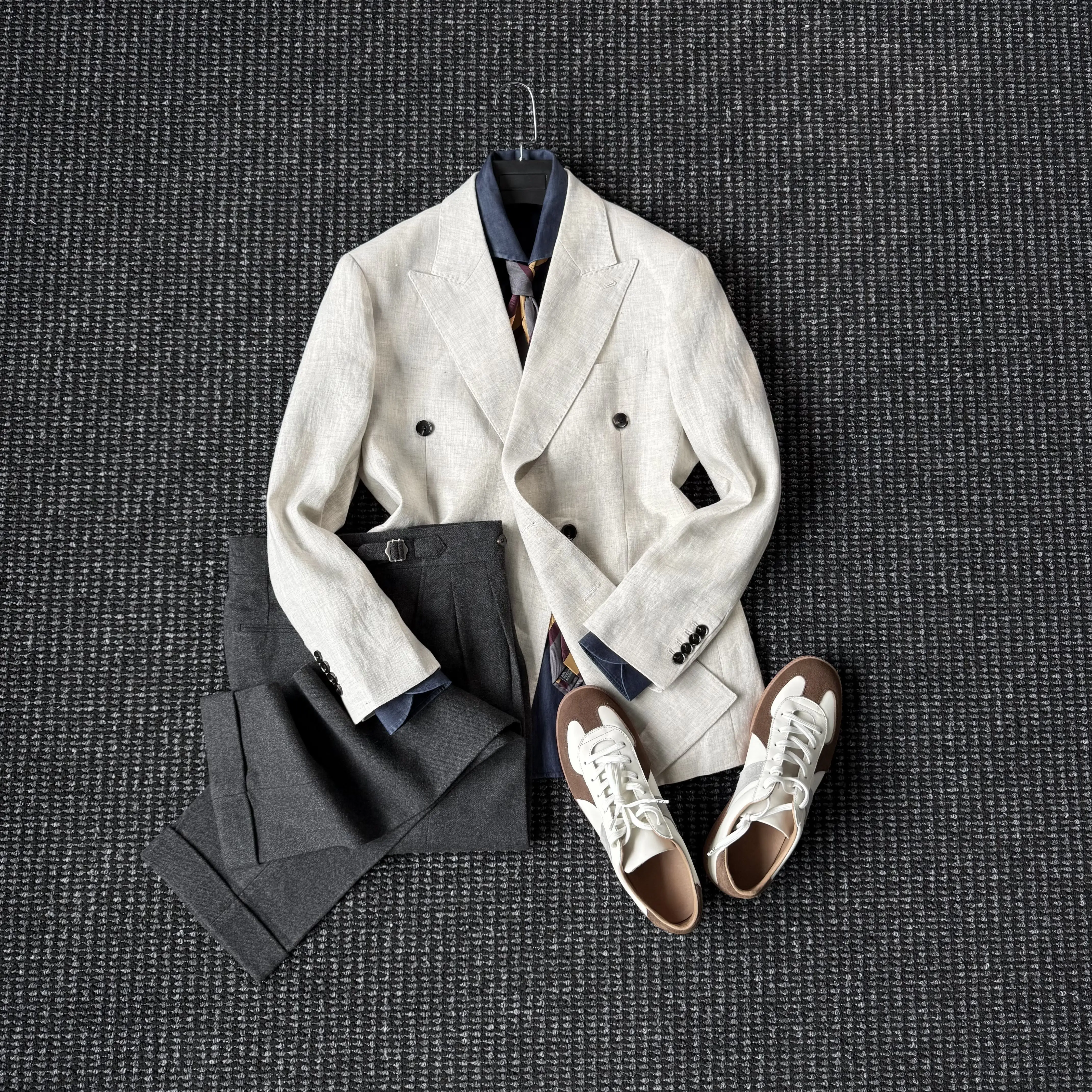 

Design aesthetic unstructured semi-lined linen suit men's high luxury double-breasted blazer