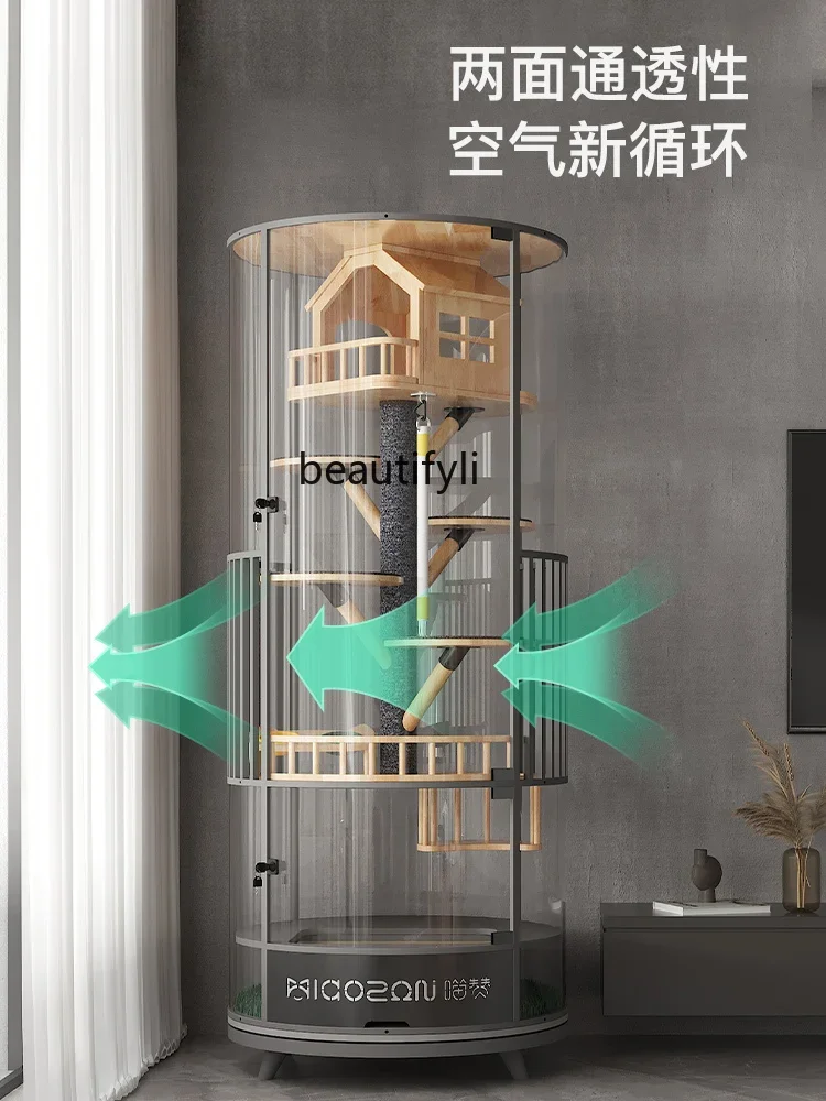 Fully Transparent Glass Panoramic Rotating Cylindrical Cat Villa Luxury Cabinet Cage Indoor with Toilet Integrated