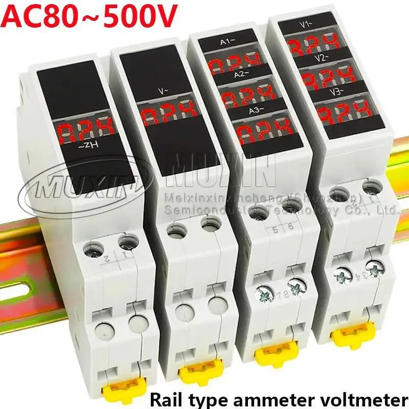 Din Rail 18mm Voltage Current HZ Meter AC 80-500V 220V 380V 100A Modular Voltmeter Ammeter LED Indicator Digital Volt Tester