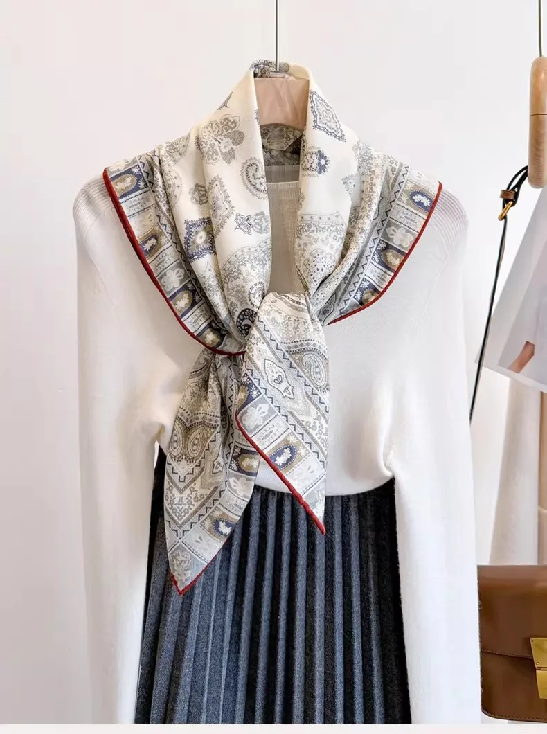 

2026 Luxury Brand Elegant Womens Shawl 70% Wool 30% Silk Paisley Pattern Square Scarf Hijab for Women Neck Warmer