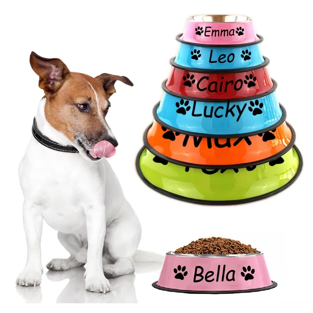 Custom Name Dog Cat Stainless Steel Bowl, Colorful Non-slip Circular Pet Food Water Basin, Personalized Bowl Multi Sizes
