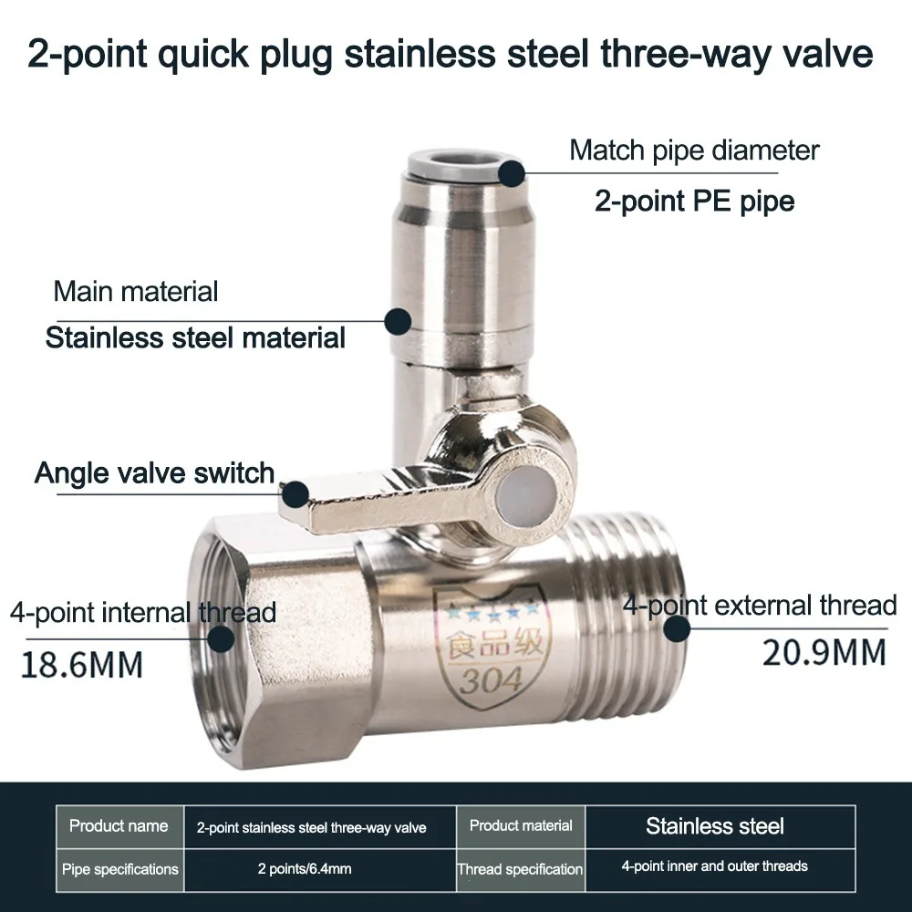 Brass Quick Insert Three Way Valve Stainless Steel Alloy Angle Valve Adapter Replacement Part Leak Resistant