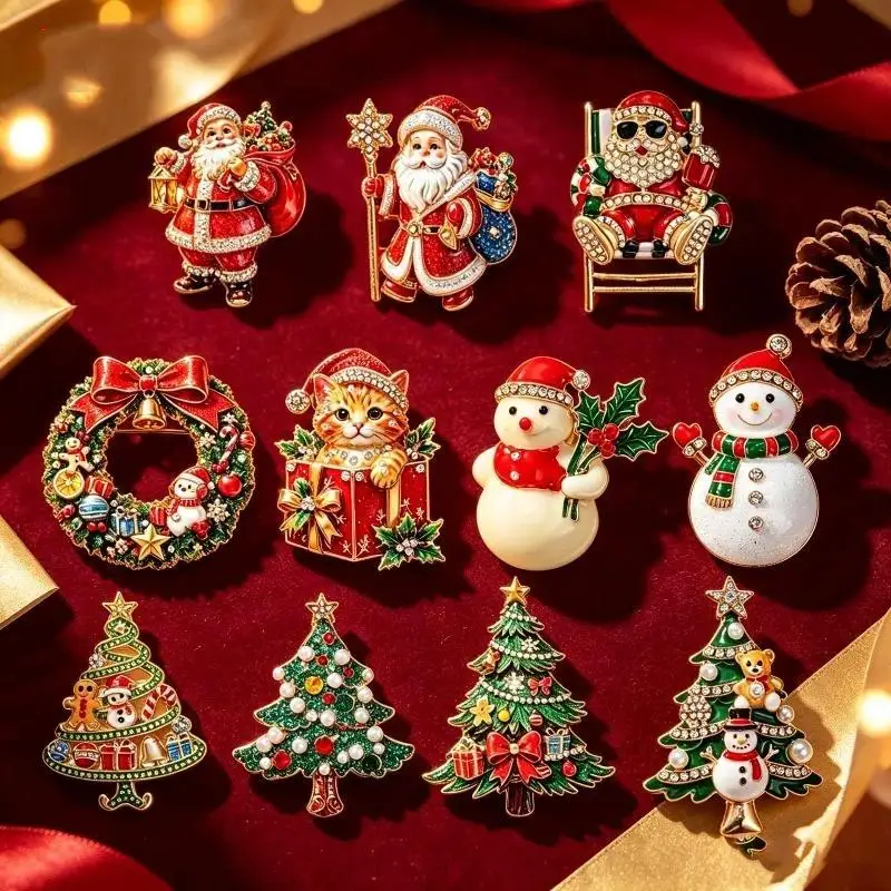 Christmas Themed Brooch Pins With Sparkly Rhinestone Adorable Designs Perfect For Xmas Party Wear Holiday Gift Giving