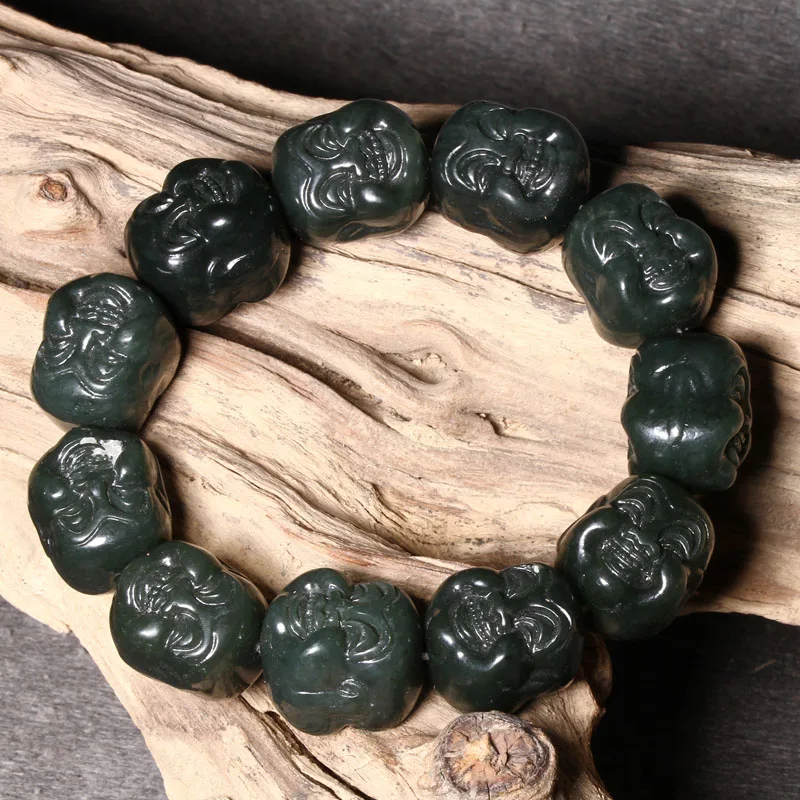 

Natural Hetian Qingyu Buddha head beads Jade Bracelet Jewelry Fine Jewelry Lucky Safety Auspicious Amulet Jade Bracelet