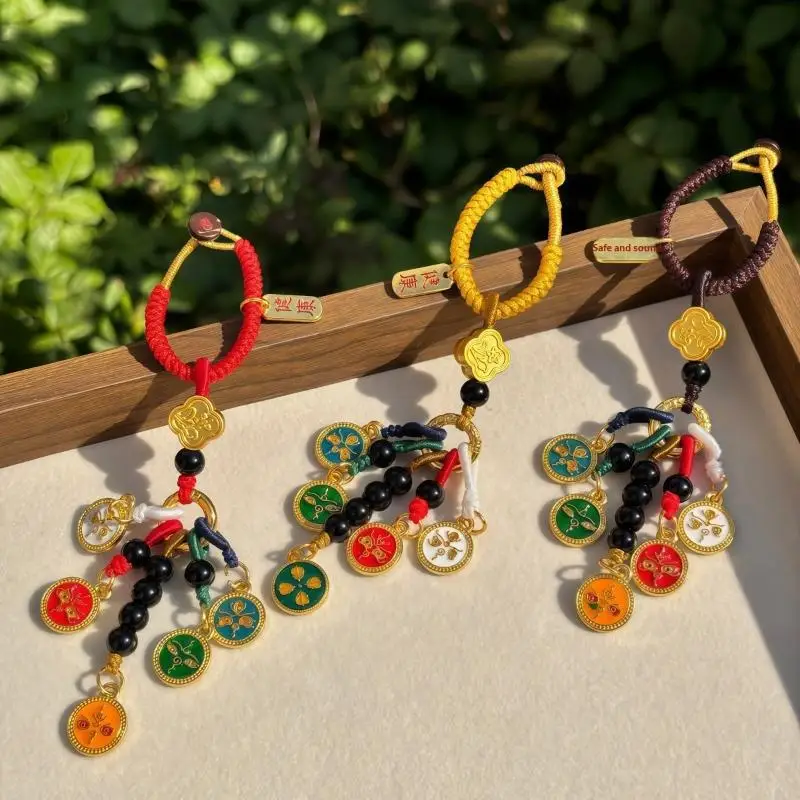 Handmade Chinese Five Wealth Gods Thangka Keychain Good Luck  Charm for Car Key Backpack Hanging Gift