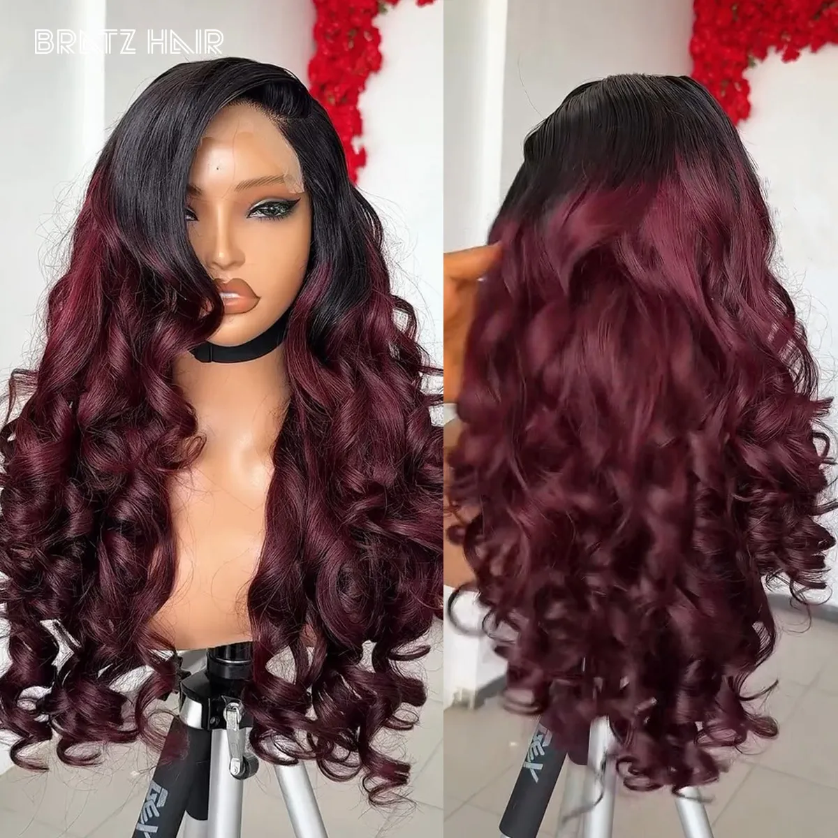 

5by5 Ombre Burgundy Bouncy Curls Wig Human Hair T1b/99j Colored Wig 13x4 HD Lace Frontal Wig Loose Wave Wine Color 4x4 Lace Wig