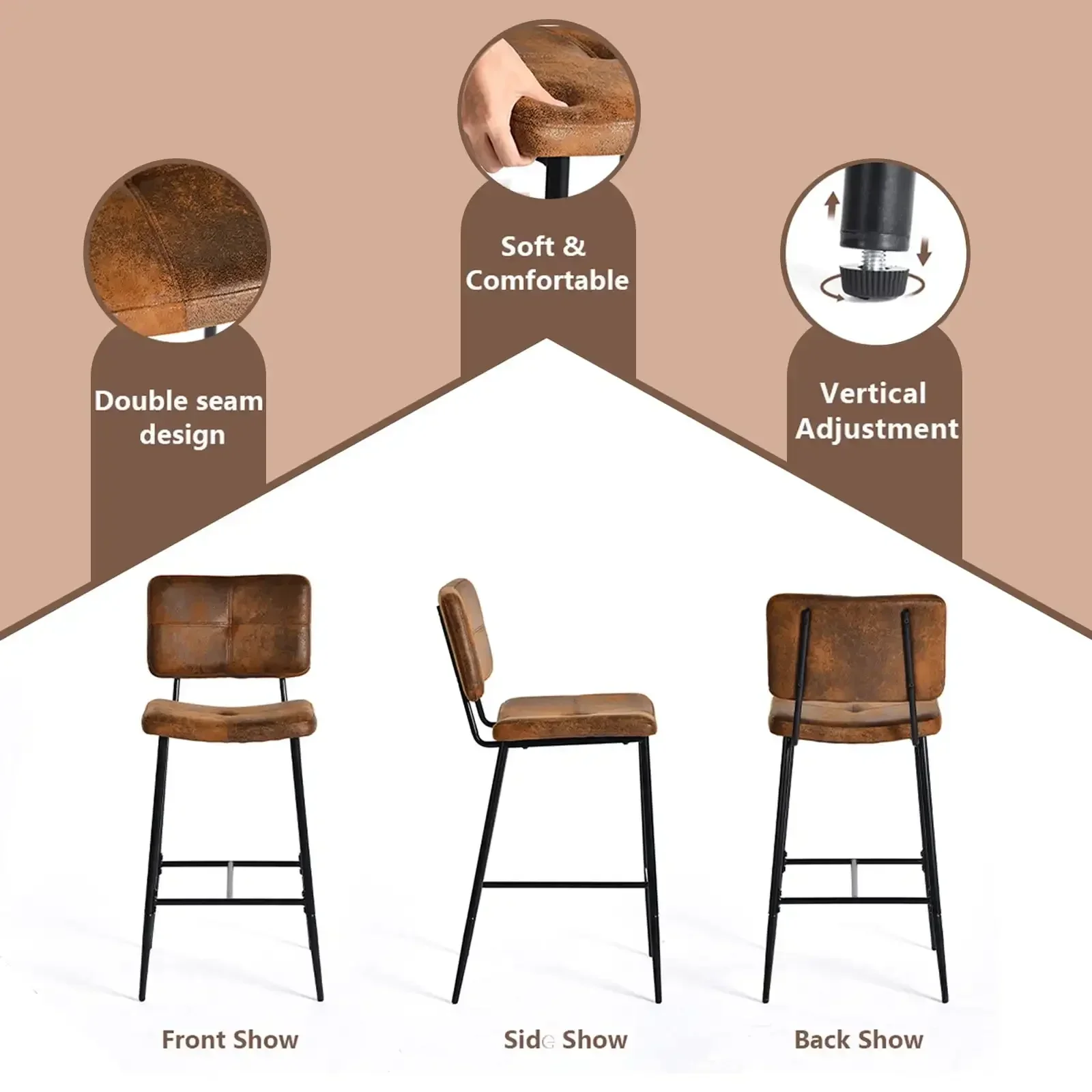 Counter Height Bar Stools Set of 2, 26" Modern Mid Century Upholstered BarStools Chair Backrest Footrest for Home , Brown