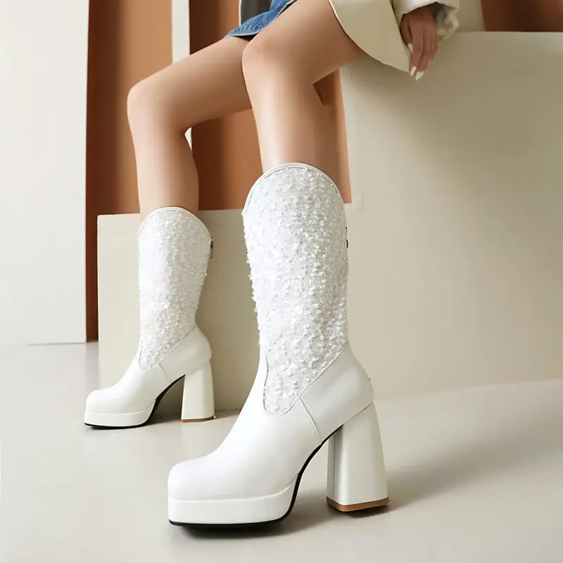 

SIMLOVEYO 2024, модные женские ботинки до середины икры, блестящие ботинки на платформе 9 см, размер 45, 46, 47, пикантные женские бота