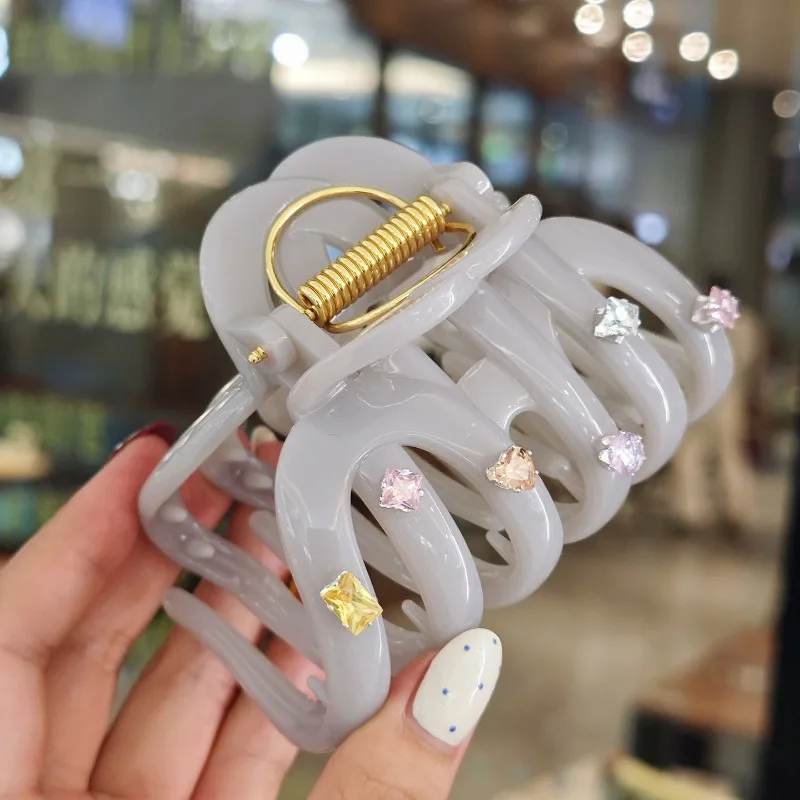 Gentle Misty Gray Hollow Hair Claw, Luxury Color Square Rhinestone Shark Clip for Daily Updo Atmosphere Hairstyle