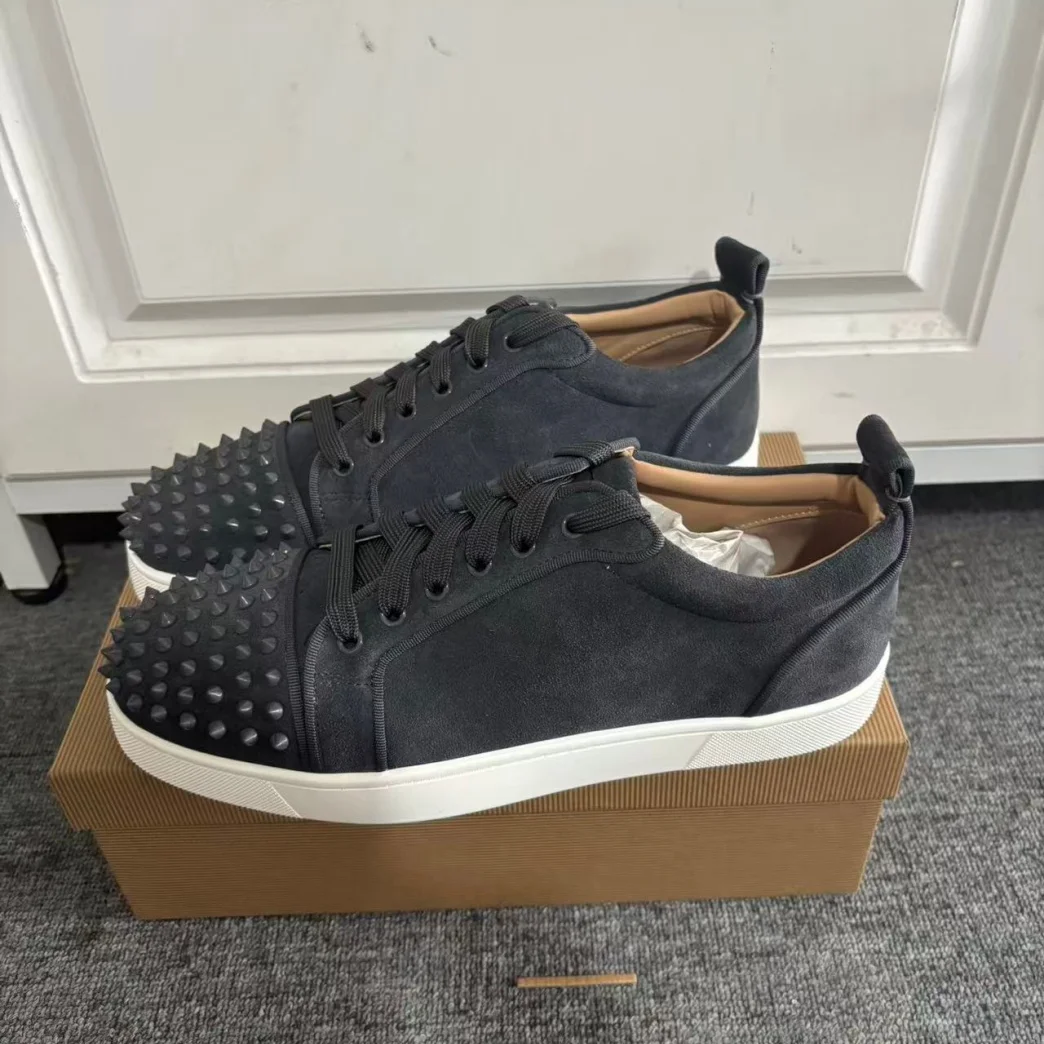 Gray Flannel Leather Red Sole Sneakers For Women Men Round Toe Lace-Up Flat Sole Casual Sports Shoes Unisex Custom 35-46 Size DE view 4