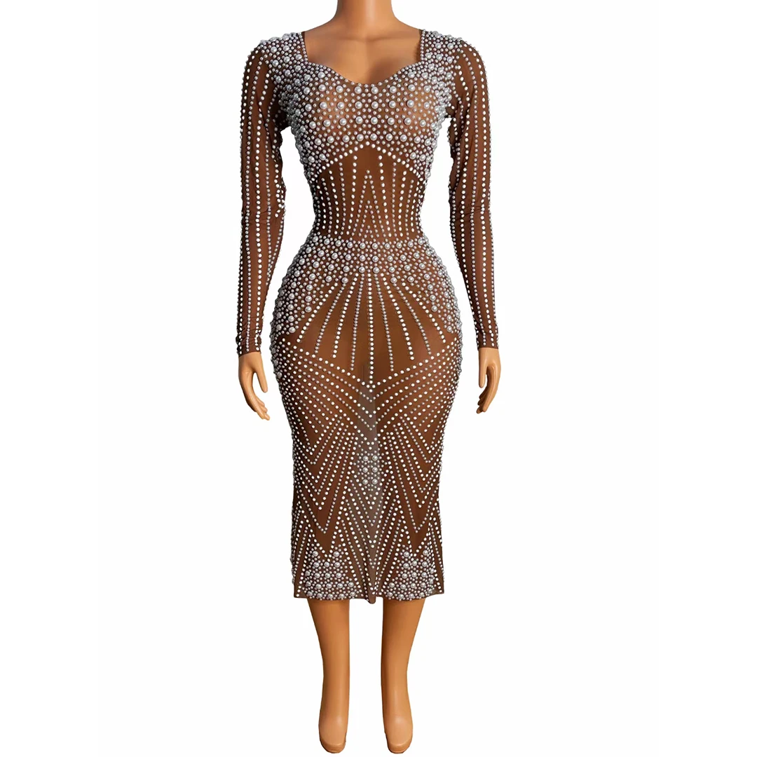 

Women See Through Mesh Sexy Dress White Pearl Formal Evening Gown Stage Performance Costume Birthday Celebrate Party Wear Pintu