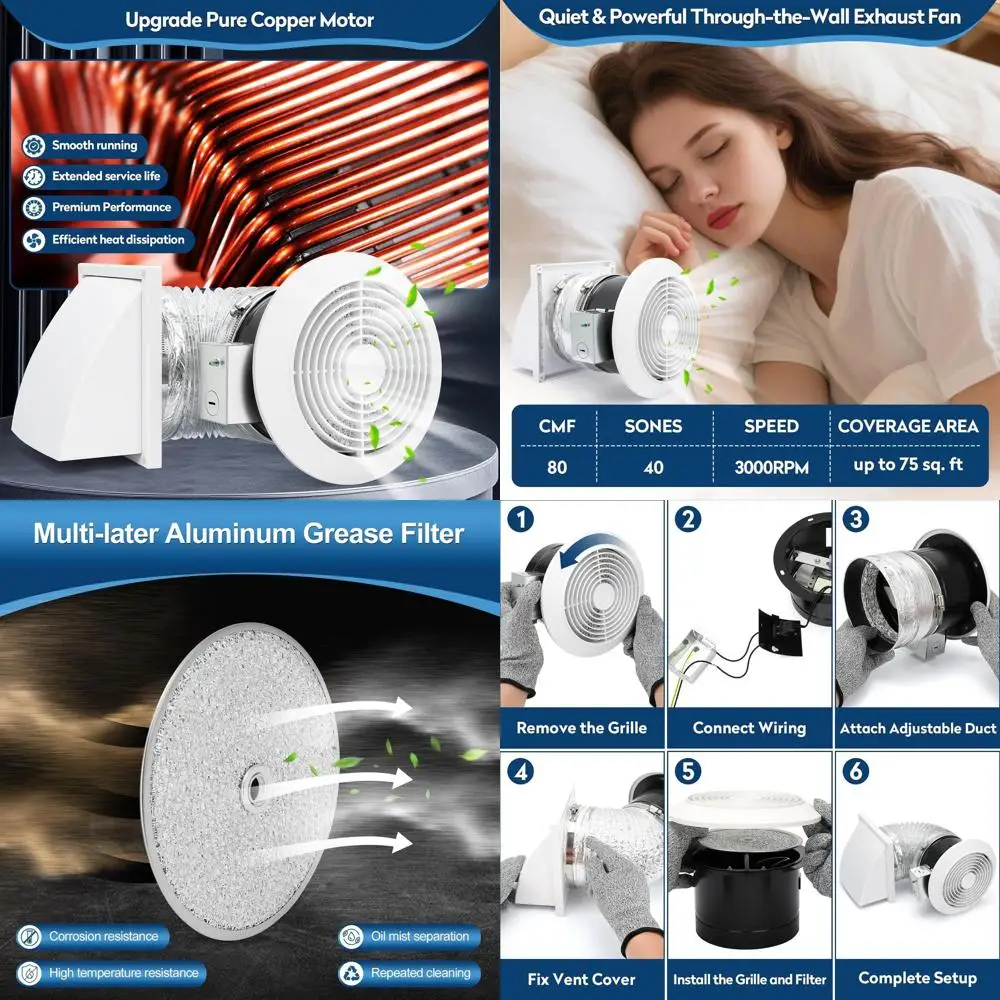 

6 Inch 512M White Grille Exhaust Fan, 80 CFM, 4.0 Sone, 16-Inch Duct, Ideal for Attic, Garage, Kitchen, Bathroom Ventilation