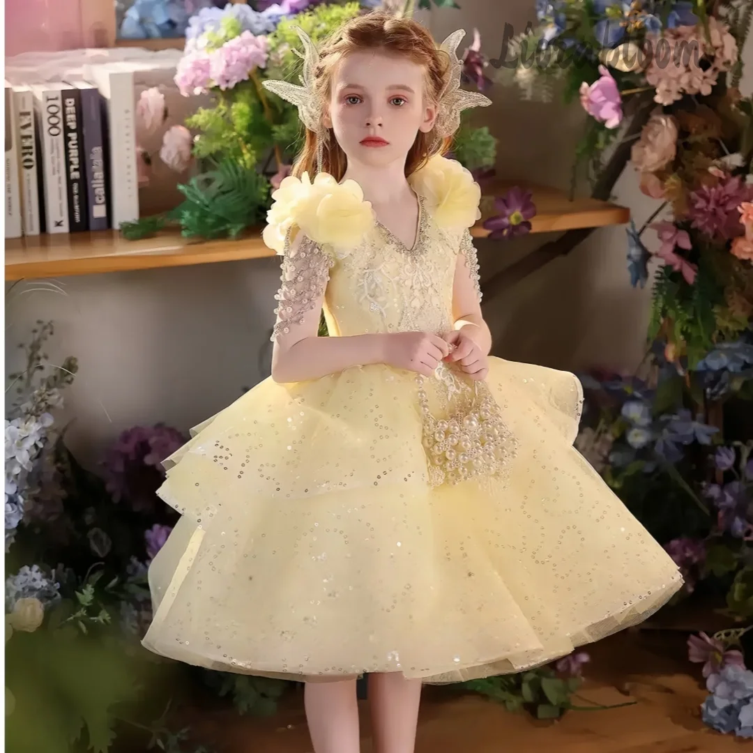 Gaun Formal Anak Perempuan Multi-Warna Kustom, Gaun Putri Tulle Kuning, Pakaian Pesta Pernikahan Wanita, Gaun Pernikahan