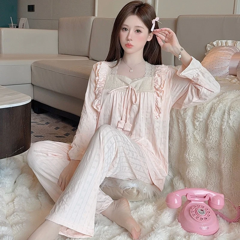 

Осень 2023, пижамные комплекты из 100% хлопка с длинными рукавами для женщин, корейская милая кружевная одежда для сна, домашняя одежда, Pijama Mujer, домашняя одежда