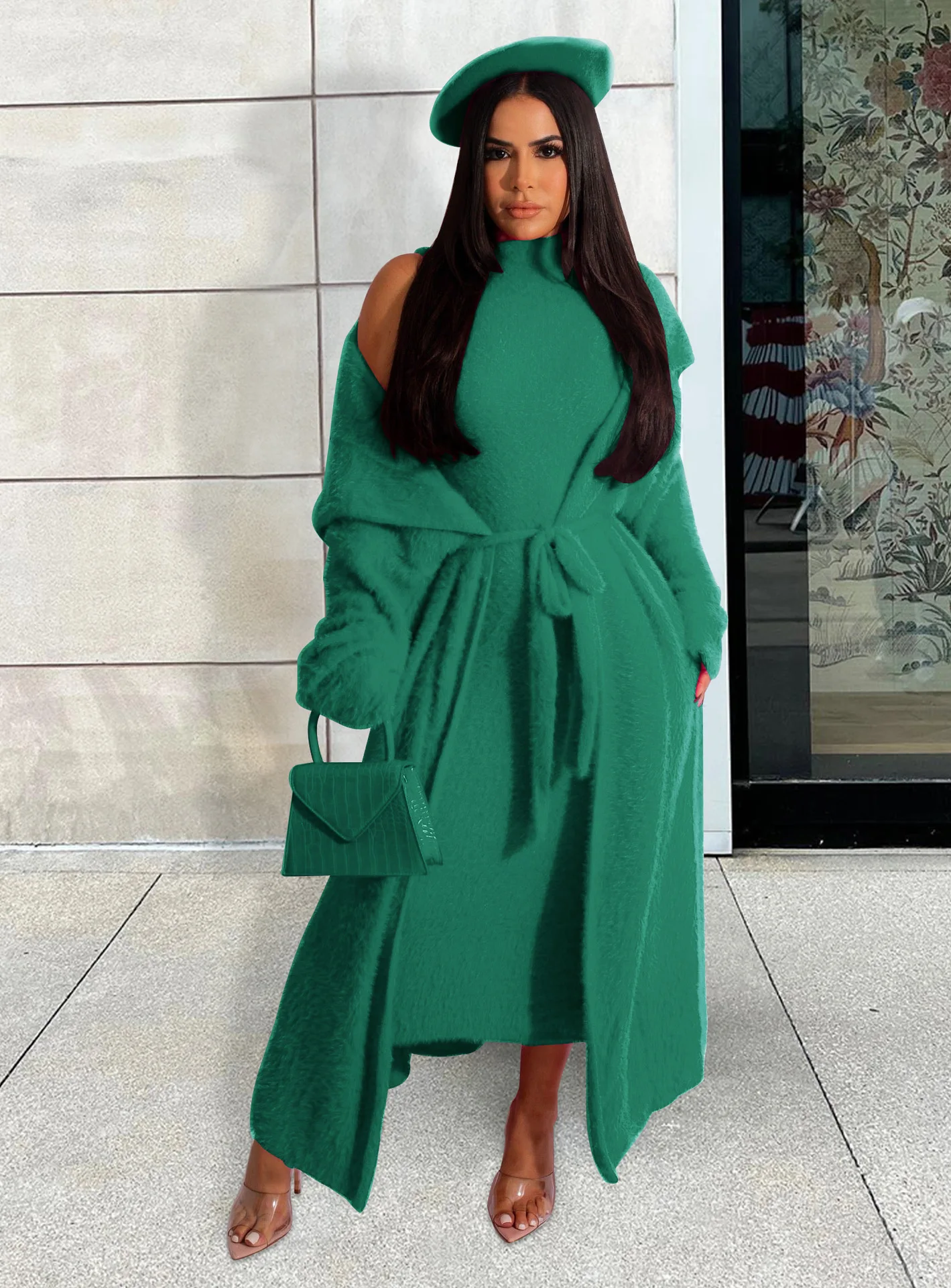 

Женский комплект из двух предметов больших размеров, длинные кардиганы и платье-майка с воротником-стойкой, однотонное повседневное пушистое пальто, одинаковый комплект для зимы