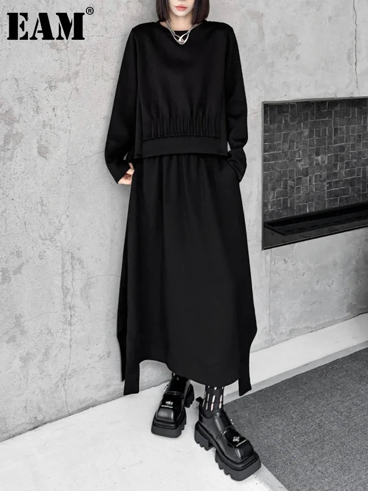 [EAM] Black Sweatshirt Half-body Skirt Two Pieces Suit New Round Neck Long Sleeve Women Fashion Tide Spring Autumn 2024 1DH6963