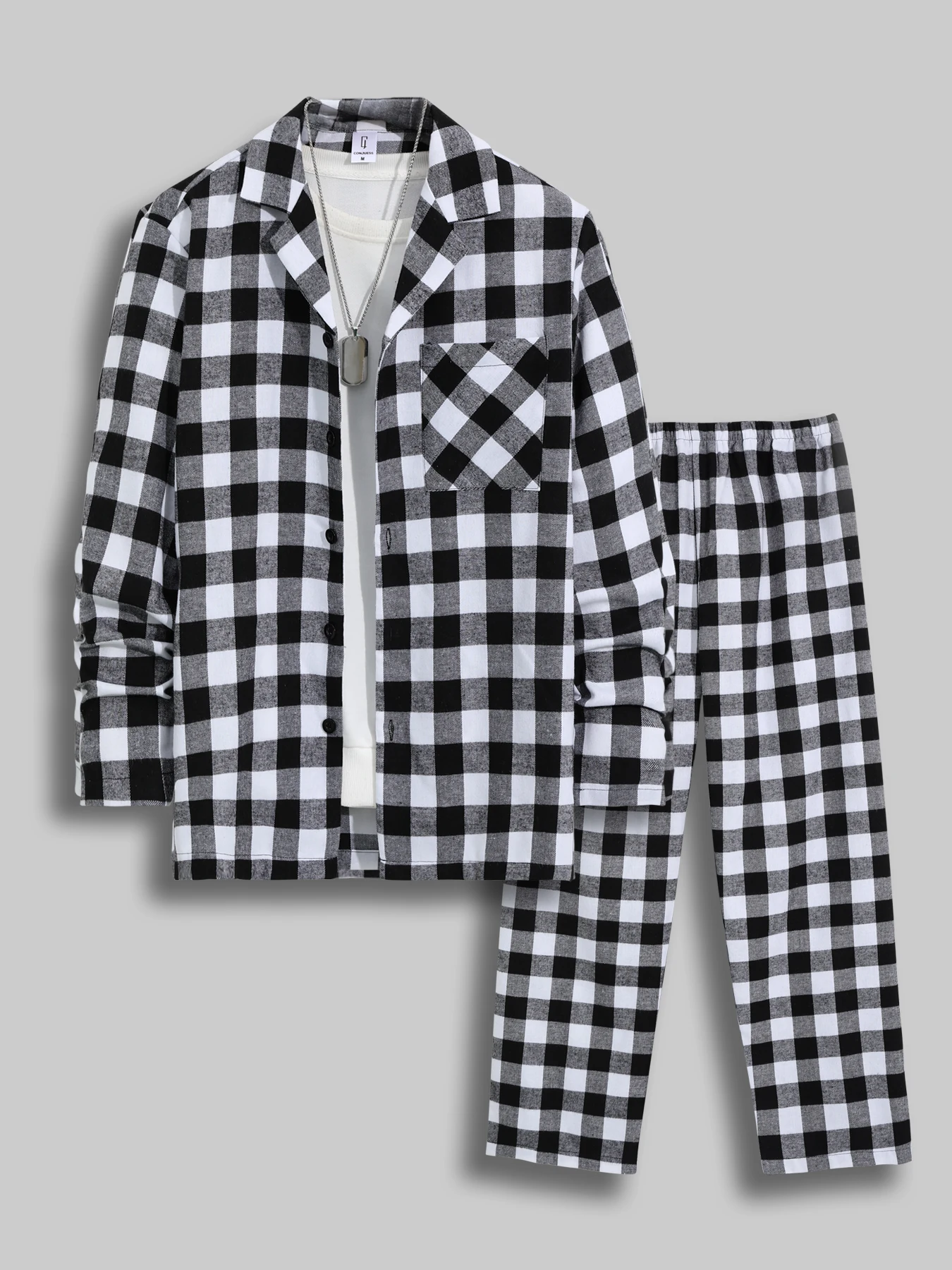

Men's Retro Plaid Tracksuit, Notch Collar Shirt & Tapered Pants for Home & Street