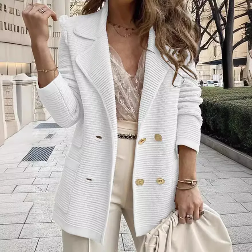 

Женский свободный пригородный пиджак с воротником и длинным рукавом на пуговицах, однотонная повседневная куртка с накладными карманами, простые офисные женские топы