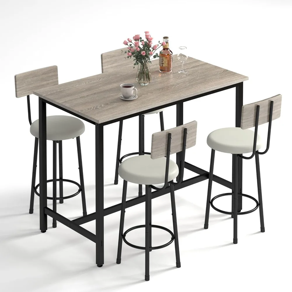 47.2-Inch Bar Table and Chairs Set, Modern Industrial 5-Piece Counter Height Dining Table Set, Bar Table with 4 stools Bar Table