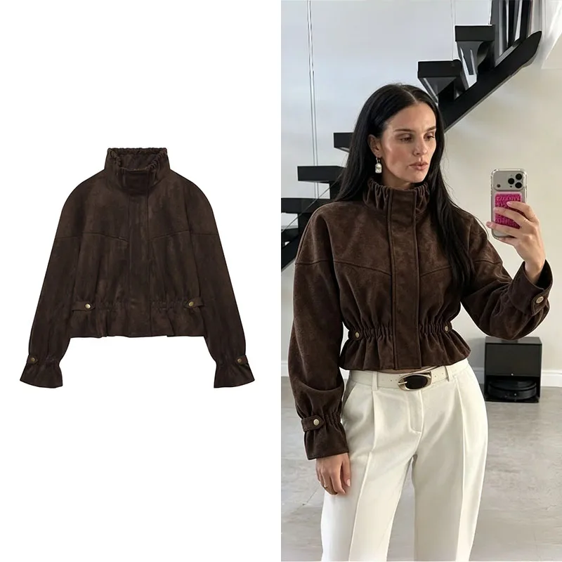 Guobioziy 2026 AutumnStand Collar Boxy Coat Retro Look Adjustable Waist Cut Social Media Popular Item Office Dating Outfit